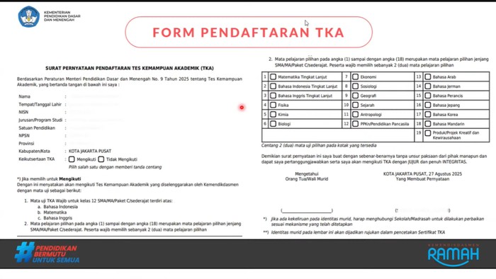 Ilustrasi formulir pendaftaran TKA. Cara daftar TKA untuk siswa SMA/SMK/MA/MAK/sederajat.