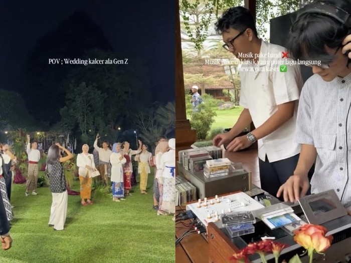 Suasana pernikahan kalcer ala gen z mendadak viral di media sosial. Konsep dekorasi memakai kain Nusantara, konsep full mingle tidak ada pelaminan, hiburan musik menggunakan kaset, hingga dress code tamu undangan memakai batik.