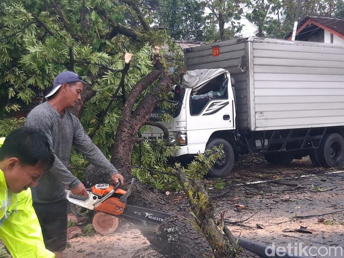 Petugas memotong pohon tumbang menimpa truk boks di jalur lingkar utara Boyolali, Senin (29/9/2025).