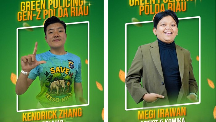 Polda Riau menunjuk Kendrick Zhang dan Megi Irawan sebagai Duta Green Policing Polda Riau.