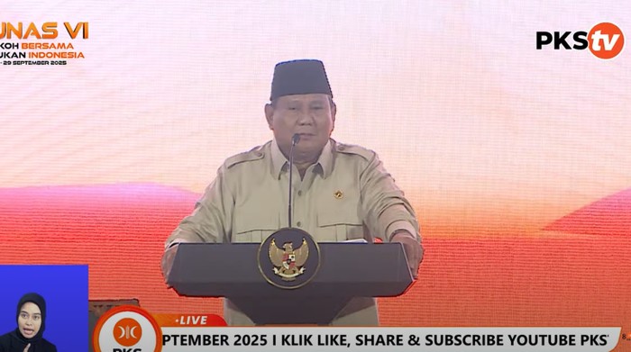 Prabowo Subianto sambutan saat acara Munas ke-VI PKS di Hotel Sultan, Jakarta Pusat, Senin (29/9/2025).
