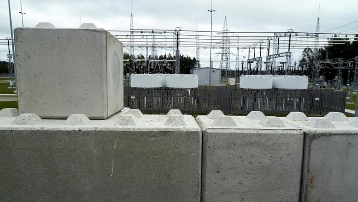 Concrete blocks are installed at Lithuanian power grid operator Litgrid's substation in Nemencine, Lithuania, September 29, 2025. REUTERS/Janis Laizans