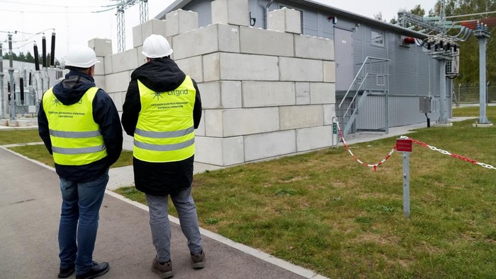 Concrete blocks are installed at Lithuanian power grid operator Litgrid's substation in Nemencine, Lithuania, September 29, 2025. REUTERS/Janis Laizans