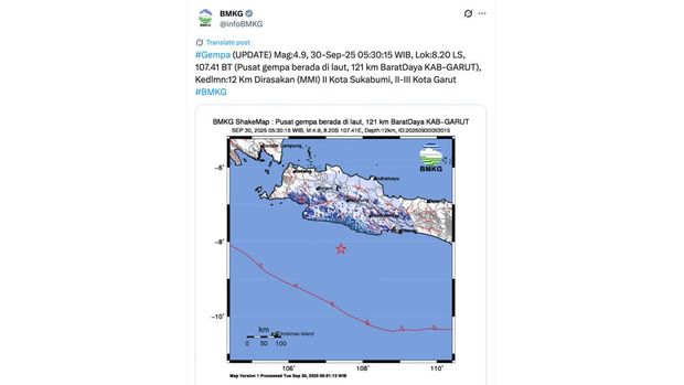 Gempa bumi mengguncang Kabupaten Garut dengan magnitudo 4,9. (X/@infoBMKG)