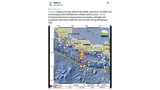 Gempa bumi mengguncang Kabupaten Tasikmalaya, Jawa Barat dengan magnitudo 4,6. (X/@infoBMKG)