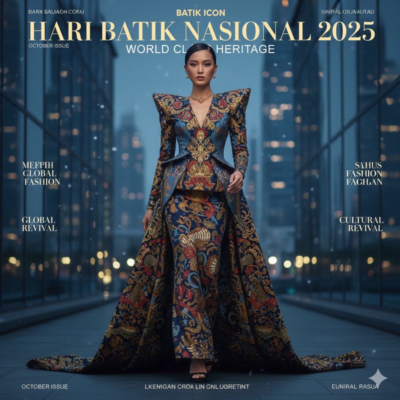 Ilustrasi poster Hari Batik (Gambar yang disajikan dalam artikel ini bukanlah foto asli hasil pemotretan, melainkan kreasi visual yang sepenuhnya dihasilkan oleh kecerdasan buatan Gemini AI).