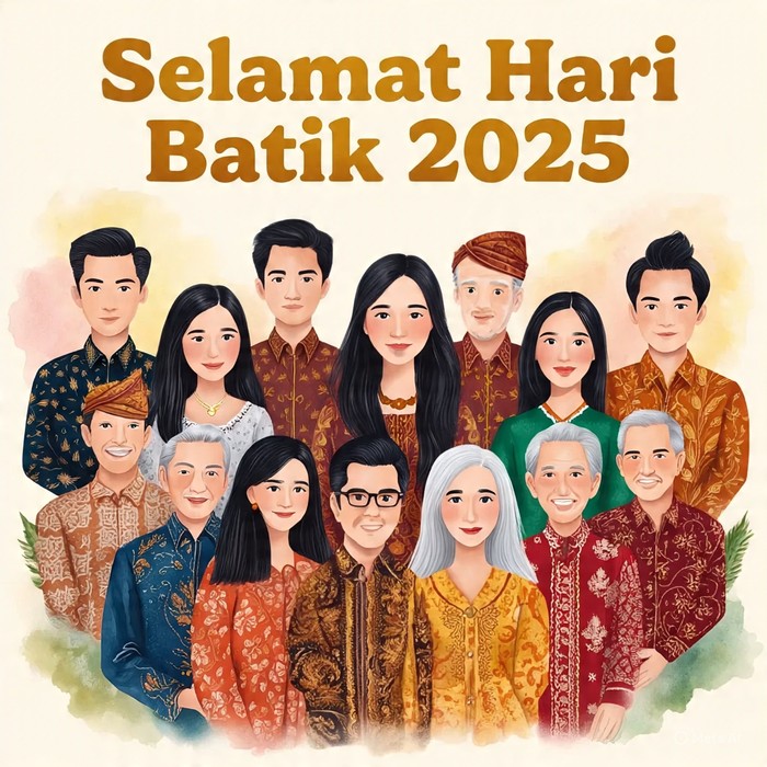 Ilustrasi poster Hari Batik (Gambar yang disajikan dalam artikel ini bukanlah visual buatan manusia, melainkan kreasi yang sepenuhnya dihasilkan oleh kecerdasan buatan Meta AI).