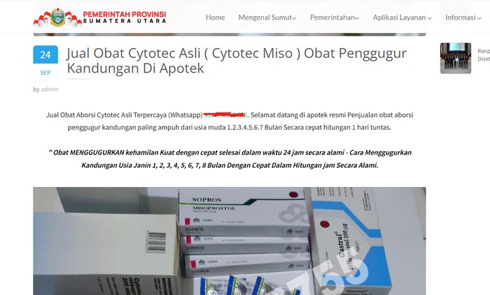 Laman resmi Pemprov Sumut menampilkan iklan promosi obat aborsi. (Tangkapan layar)