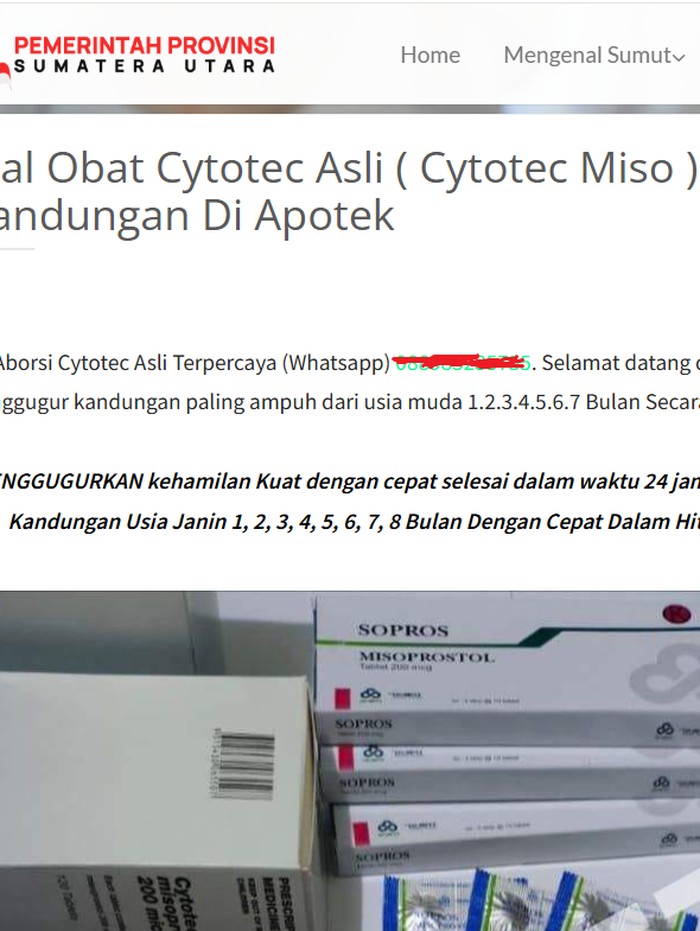 Laman resmi Pemprov Sumut menampilkan iklan promosi obat aborsi. (Tangkapan layar)