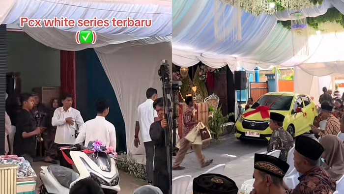 Suasana pernikahan di Pati, Jawa Tengah viral di TikTok. Pengantin pria memberikan mobil hingga motor untuk pengantin wanita.