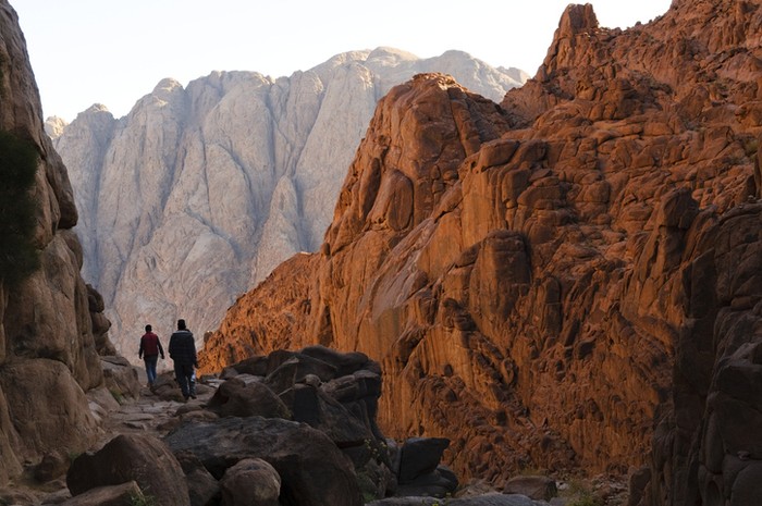 After watching sunrise from the top of Mount Sinai, men hike down the Steps of Penitence route back to St. Catherine's Monastery.