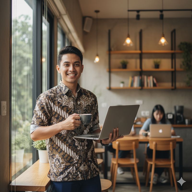 Ilustrasi berbusana batik (Gambar yang disajikan dalam artikel ini bukanlah foto asli/nyata hasil pemotretan, melainkan kreasi visual yang sepenuhnya dihasilkan oleh kecerdasan buatan Gemini AI).