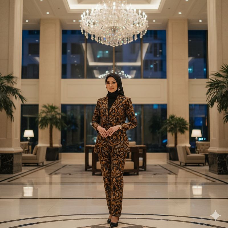 Ilustrasi berbusana batik (Gambar yang disajikan dalam artikel ini bukanlah foto asli/nyata hasil pemotretan, melainkan kreasi visual yang sepenuhnya dihasilkan oleh kecerdasan buatan Gemini AI).