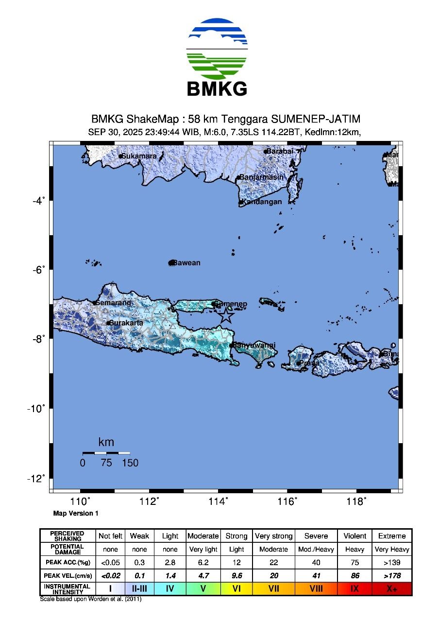 Gempa M6,0 guncang Sumenep, Selasa 30 September 2025 pukul 23.49.43 WIB. (Dok. BMKG)