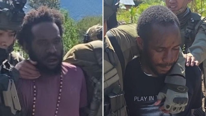 Tampang 2 anggota KKB pemasok amunisi di Puncak Jaya bernama Hugon Gire alias Yemiter Murip (kiri) dan Erek Enumbi alias Udara (kanan).
