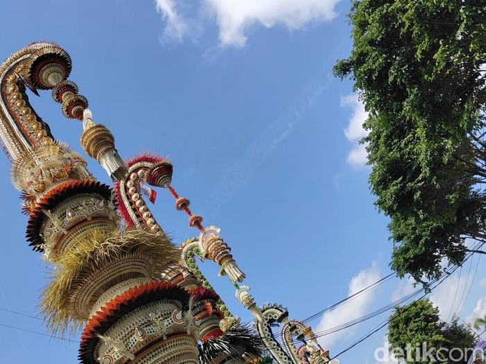 Belasan penjor dengan beragam ornamen berdiri megah di sepanjang jalan depan Pura Desa Adat Kapal, Kecamatan Mengwi, Badung, Kamis pagi (2/10/2025). (Agus Eka/detikBali)
