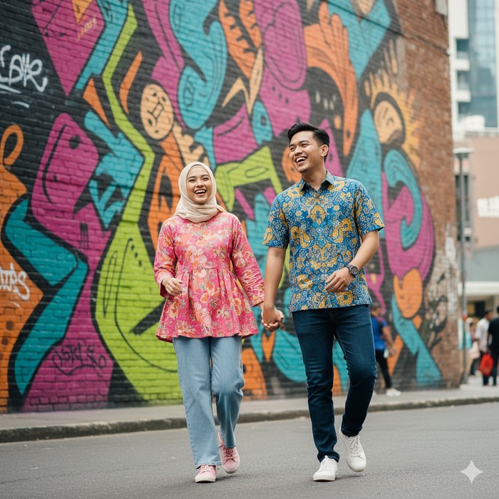 Ilustrasi pasangan berbusana batik (Gambar yang disajikan dalam artikel ini bukanlah foto asli/nyata hasil pemotretan, melainkan kreasi visual yang sepenuhnya dihasilkan oleh kecerdasan buatan Gemini AI).