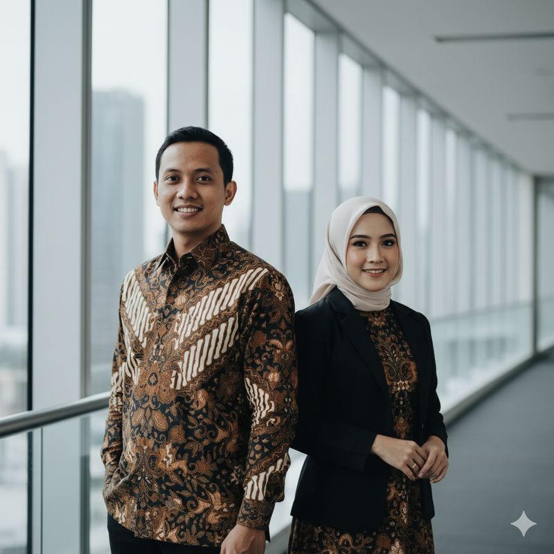 Ilustrasi pasangan berbusana batik (Gambar yang disajikan dalam artikel ini bukanlah foto asli/nyata hasil pemotretan, melainkan kreasi visual yang sepenuhnya dihasilkan oleh kecerdasan buatan Gemini AI).