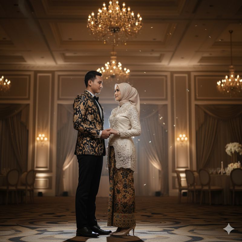 Ilustrasi pasangan berbusana batik (Gambar yang disajikan dalam artikel ini bukanlah foto asli/nyata hasil pemotretan, melainkan kreasi visual yang sepenuhnya dihasilkan oleh kecerdasan buatan Gemini AI).