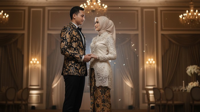 Ilustrasi pasangan berbusana batik (Gambar yang disajikan dalam artikel ini bukanlah foto asli/nyata hasil pemotretan, melainkan kreasi visual yang sepenuhnya dihasilkan oleh kecerdasan buatan Gemini AI).