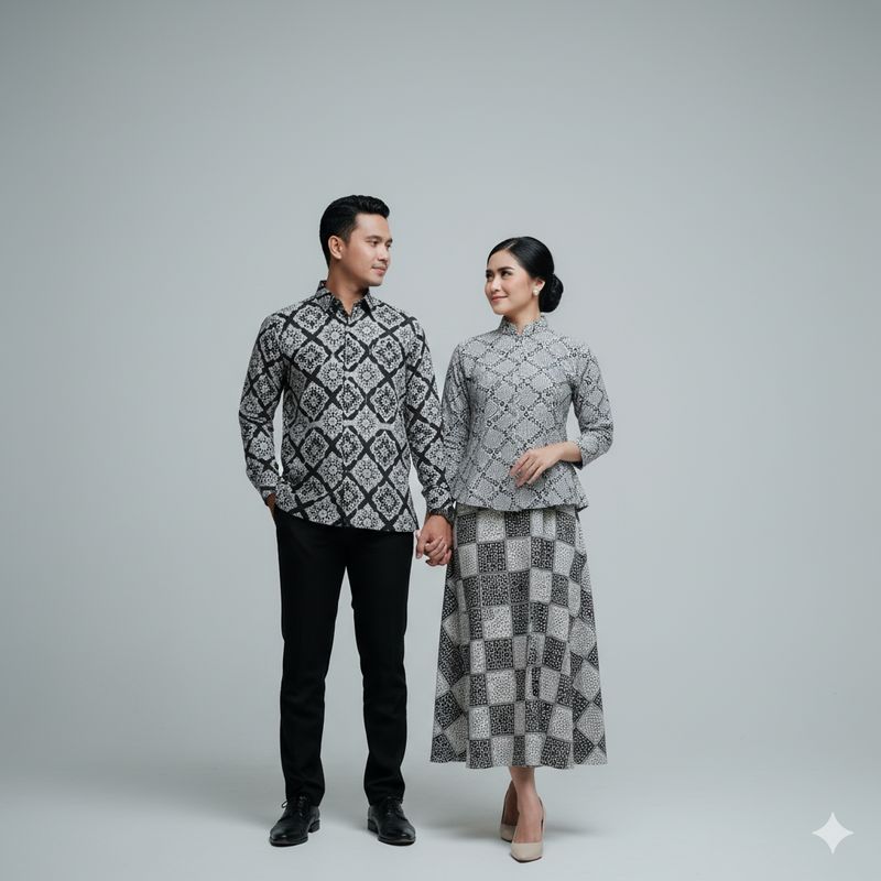 Ilustrasi pasangan berbusana batik (Gambar yang disajikan dalam artikel ini bukanlah foto asli/nyata hasil pemotretan, melainkan kreasi visual yang sepenuhnya dihasilkan oleh kecerdasan buatan Gemini AI).