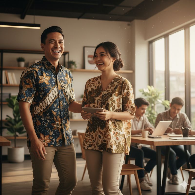 Ilustrasi pasangan berbusana batik (Gambar yang disajikan dalam artikel ini bukanlah foto asli/nyata hasil pemotretan, melainkan kreasi visual yang sepenuhnya dihasilkan oleh kecerdasan buatan Gemini AI).