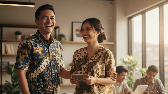 Ilustrasi pasangan berbusana batik (Gambar yang disajikan dalam artikel ini bukanlah foto asli/nyata hasil pemotretan, melainkan kreasi visual yang sepenuhnya dihasilkan oleh kecerdasan buatan Gemini AI).