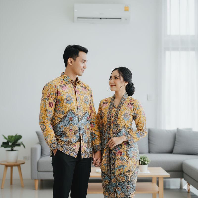 Ilustrasi pasangan berbusana batik (Gambar yang disajikan dalam artikel ini bukanlah foto asli/nyata hasil pemotretan, melainkan kreasi visual yang sepenuhnya dihasilkan oleh kecerdasan buatan Gemini AI).