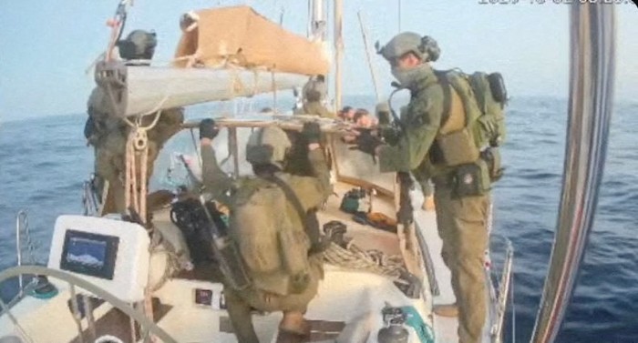 A screengrab from a live stream video shows Israeli navy forces aboard the Gaza-bound vessel Florida, part of the Global Sumud Flotilla, which flotilla organisers report has been intercepted, October 2, 2025. Global Sumud Flotilla/Handout via REUTERS THIS IMAGE HAS BEEN SUPPLIED BY A THIRD PARTY. MANDATORY CREDIT. NO RESALES. NO ARCHIVES.     TPX IMAGES OF THE DAY