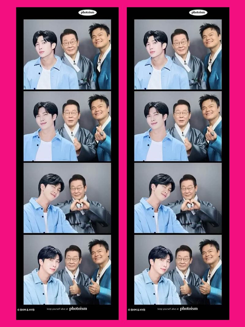 Presiden Korea Selatan Lee Jae Myung mencoba photobooth dengan template RM BTS. Dia berfoto bersama Park Jin Young (JYP).