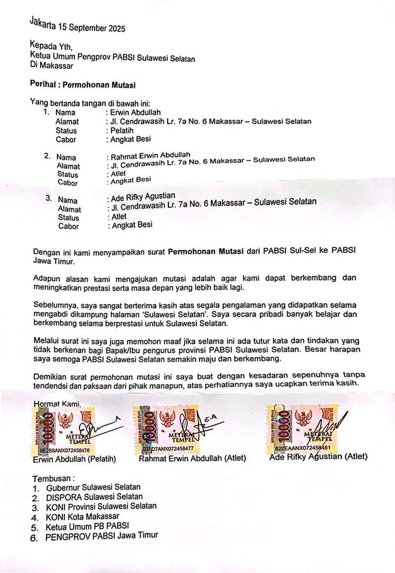 Surat mutasi dua atlet angkat besi berprestasi asal Sulsel Rahmat Erwin Abdullah dan Ade Rifky Agustian kini pindah membela Jatim.