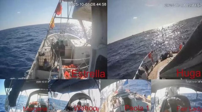 A screengrab from a video shows a multi-view screen with live-feed from global sumud flotilla boats sailing to Gaza, mid-sea, October 1, 2025. Global Sumud Flotilla via REUTERS Purchase Licensing Rights
