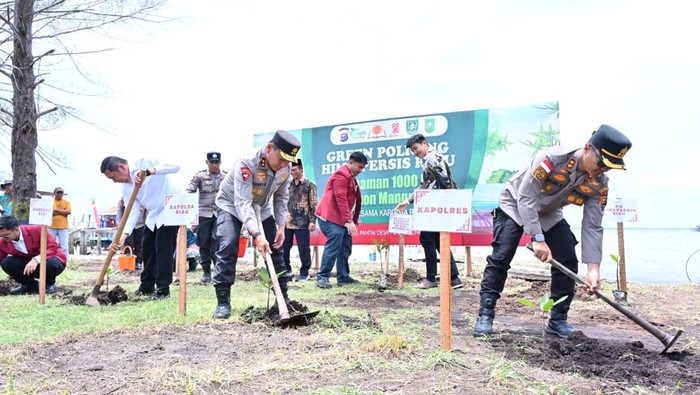 Kapolda Riau Irjen Herry Heryawan dan Himpunan Mahasiswa Persis menanam mangrove di Bengkalis, Jumat (3/10/2025).