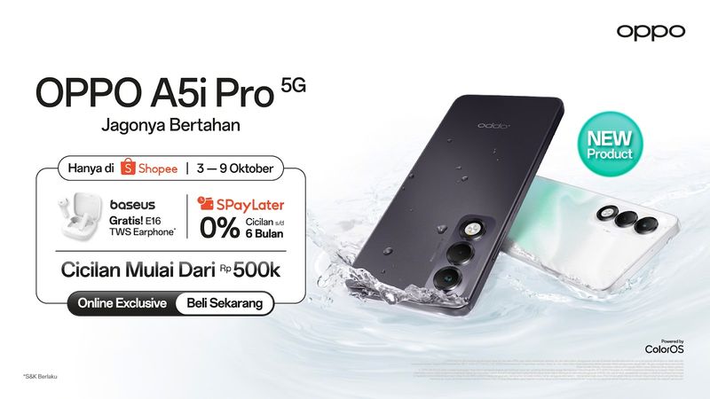 OPPO A5i Pro 5G Smartphone Tangguh-Baterai Jumbo Hadir Eksklusif di Shopee