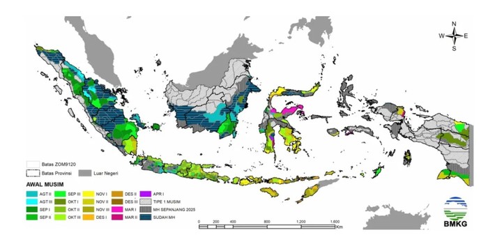 Prediksi awal musim hujan 2025/2026 di Indonesia