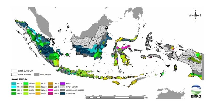Prediksi awal musim hujan 2025/2026 di Indonesia