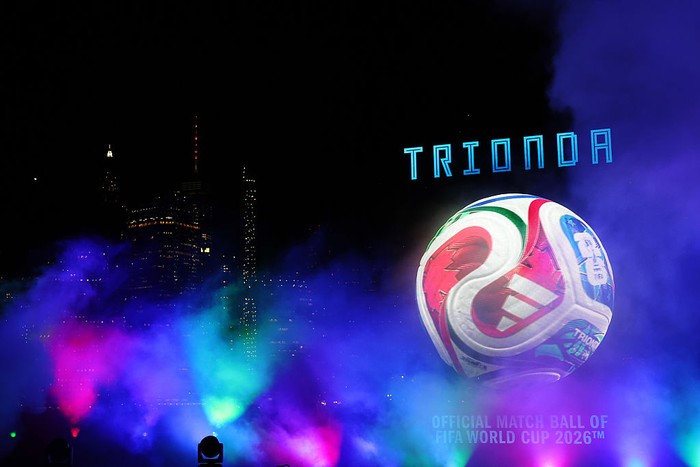 NEW YORK, NEW YORK - OCTOBER 02: General view has holograms are displayed during the official launch of the FIFA World Cup 2026 Match Ball 