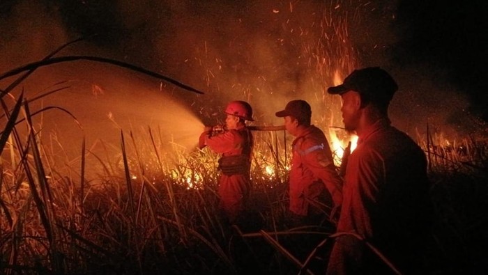 Petugas berusaha memadamkan karhutla yang terjadi di Ogan Ilir