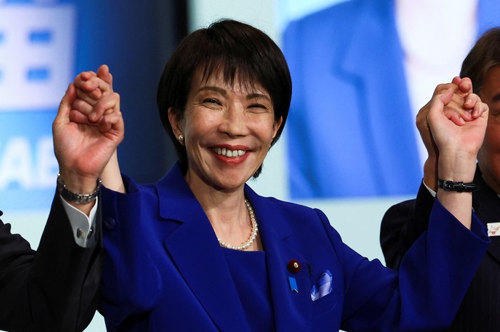 Japans Prime Minister contender Sanae Takaichi speaks at the Liberal Democratic Partys (LDP) leadership election in Tokyo, Japan, October 4, 2025. REUTERS/Kim Kyung-Hoon/Pool