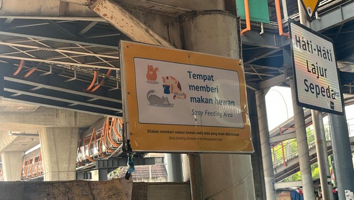 Transjakarta menyediakan tempat khusus untuk memberi makan kucing di bawah Jembatan Penyeberangan Orang (JPO) Halte Velbak.