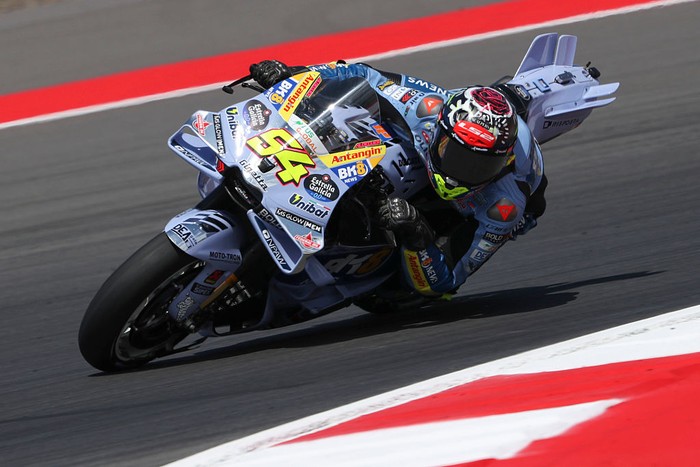 LOMBOK, INDONESIA - OCTOBER 04: Fermin Aldeguer of Spain riding the BK8 Gresini Racing Ducati (54) during Qualifying ahead of the MotoGP of Indonesia at Pertamina Mandalika Circuit on October 04, 2025 in Lombok, Indonesia. (Photo by Gold & Goose Photography/Getty Images)