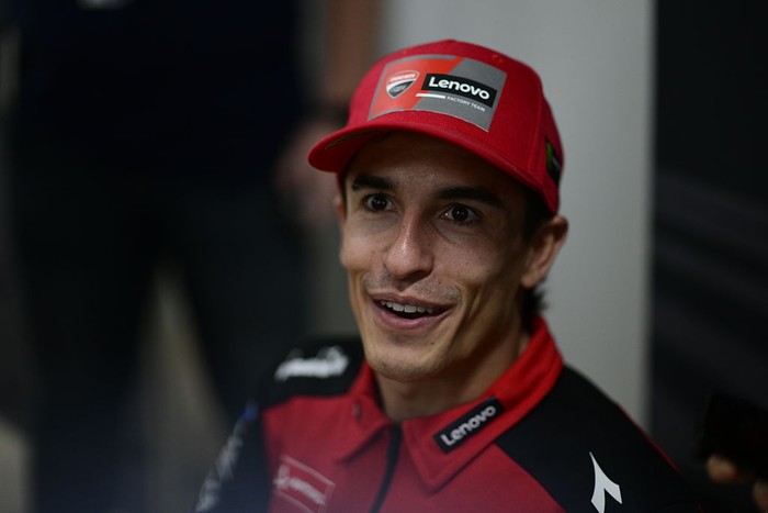 LOMBOK, INDONESIA - OCTOBER 02: Marc Marquez of Spain riding a Ducati Lenovo Team during the press scrum ahead of the MotoGP of Indonesia at Pertamina Mandalika Circuit on October 02, 2025 in Lombok, Indonesia. (Photo by Gold & Goose Photography/Getty Images)