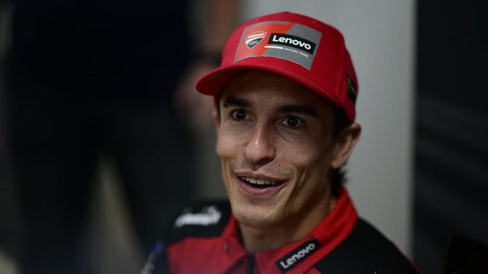 LOMBOK, INDONESIA - OCTOBER 02: Marc Marquez of Spain riding a Ducati Lenovo Team during the press scrum ahead of the MotoGP of Indonesia at Pertamina Mandalika Circuit on October 02, 2025 in Lombok, Indonesia. (Photo by Gold & Goose Photography/Getty Images)