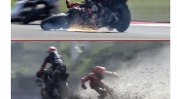 Marquez terjatuh usai bersenggolan dengan Marco Bezzecchi saat lap pertama sedang berjalan dan mengalami cedera. Foto: X.com