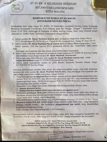Surat kesepakatan pengusiran warga Perum Jotogrand Kavling Depag terhadap eks dosen UIN Malang, Yai Mim