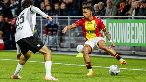 Deventer, Netherlands - October 5: Dean James of Go Ahead Eagles dribbles with the ball under pressure from Sami Ouaissa of NEC Nijmegen during the Dutch Eredivisie match between Go Ahead Eagles and NEC Nijmegen at De Adelaarshorst on October 5, 2025 in Deventer, Netherlands. (Photo by Marcel ter Bals/DeFodi Images/DeFodi via Getty Images)