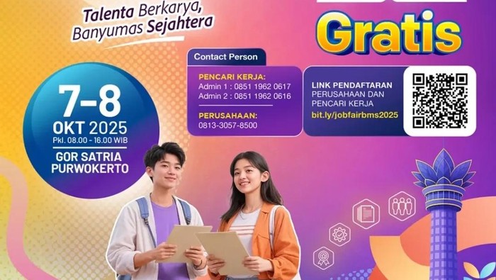 Pengumuman job fair di GOR Satria Purwokerto, Banyumas, Selasa-Rabu (7-8/10/2025).
