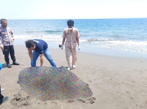 Petugas saat melakukan identifikasi jenazah mayat laki-laki yang terdampar di Pantai Lingkungan Penginuman, Kelurahan Gilimanuk, Jembrana, Bali, Senin (6/10/2025). (Polres Jembrana)
