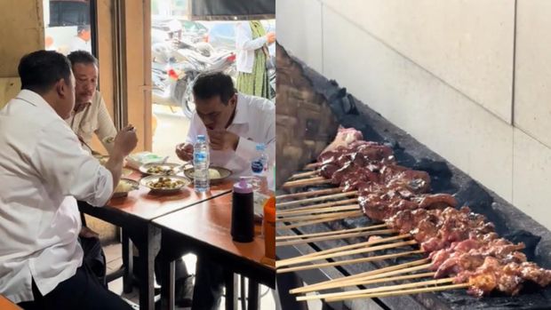 Tiga orang Menteri (Kelautan, Pertanian, dan Agraria) makan Sate Keroncong usai HUT TNI Ke-80