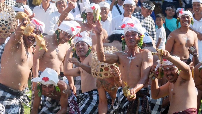 Sejumlah warga membawa sarana persembahyangan saat rangkaian Tradisi Aci Tabuh Rah Pengangon atau Tradisi Perang Ketupat di Desa Kapal, Badung, Bali, Senin (6/10/2025). Tradisi yang telah ditetapkan sebagai Warisan Budaya Tak Benda pada 2019 tersebut digelar setiap setahun sekali tepatnya pada Hari Suci Purnama Kapat untuk memohon kemakmuran dan kesejahteraan bagi masyarakat desa serta wujud syukur atas kesuburan pada lahan pertanian. ANTARA FOTO/Nyoman Hendra Wibowo